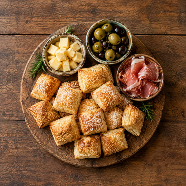 Tabla de aperitivo con bizcochos, queso, aceitunas y jamón