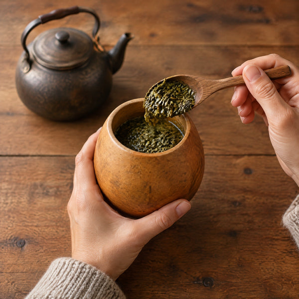Manos cargando yerba en un mate de calabaza