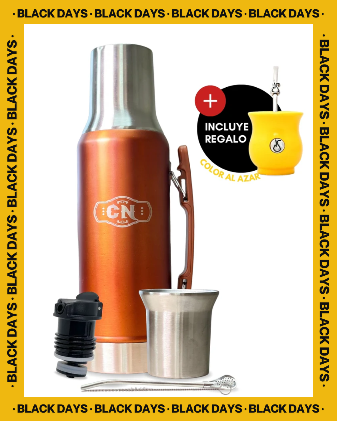 Set Matero Acero Inoxidable Naranja-Cobre | Termo 1.2L + Mate Tapa Bombilla y Cepillo | (Mate Sabio de Regalo!!)