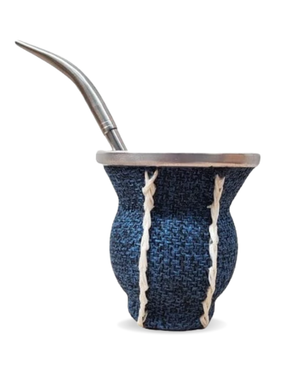 Mate de Vidrio Copa Arpillera Azul | Virola Metálica | 200 ml