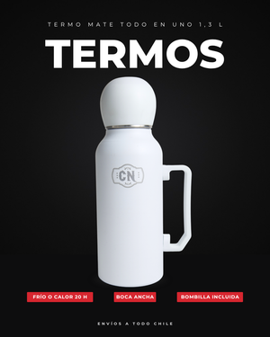 Termo Mate Todo en Uno blanco de 1,3 L: portada con sus beneficios principales