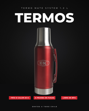 Termo Mate System rojo de 1,2 L: portada con sus beneficios principales