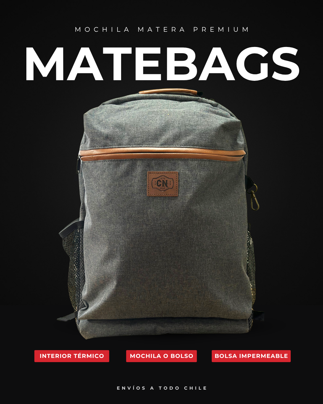 Mochila matera premium gris: portada con sus beneficios principales