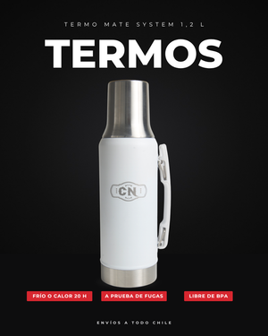 Termo Mate System blanco de 1,2 L: portada con sus beneficios principales