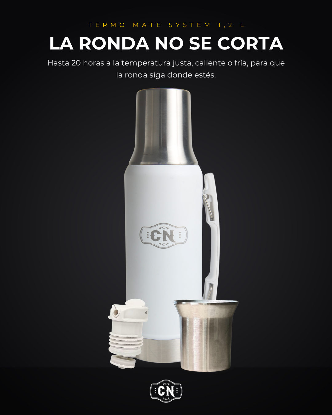 Termo Mate System blanco de 1,2 L: escena de estudio con fondo oscuro