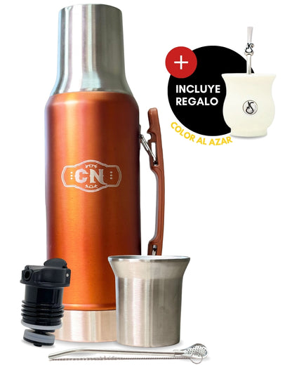 Set Matero Acero Inoxidable Naranja-Cobre | Termo 1.2L + Mate Tapa Bombilla y Cepillo | (Mate Sabio de Regalo!!)