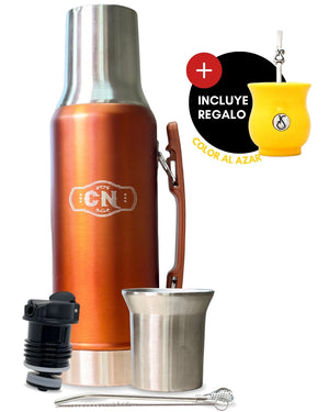 Set Matero Acero Inoxidable Naranja-Cobre | Termo 1.2L + Mate Tapa Bombilla y Cepillo | (Mate Sabio de Regalo!!)
