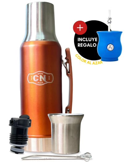 Set Matero Acero Inoxidable Naranja-Cobre | Termo 1.2L + Mate Tapa Bombilla y Cepillo | (Mate Sabio de Regalo!!)