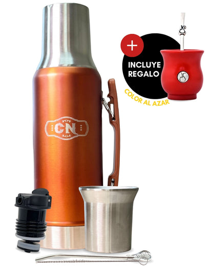 Set Matero Acero Inoxidable Naranja-Cobre | Termo 1.2L + Mate Tapa Bombilla y Cepillo | (Mate Sabio de Regalo!!)