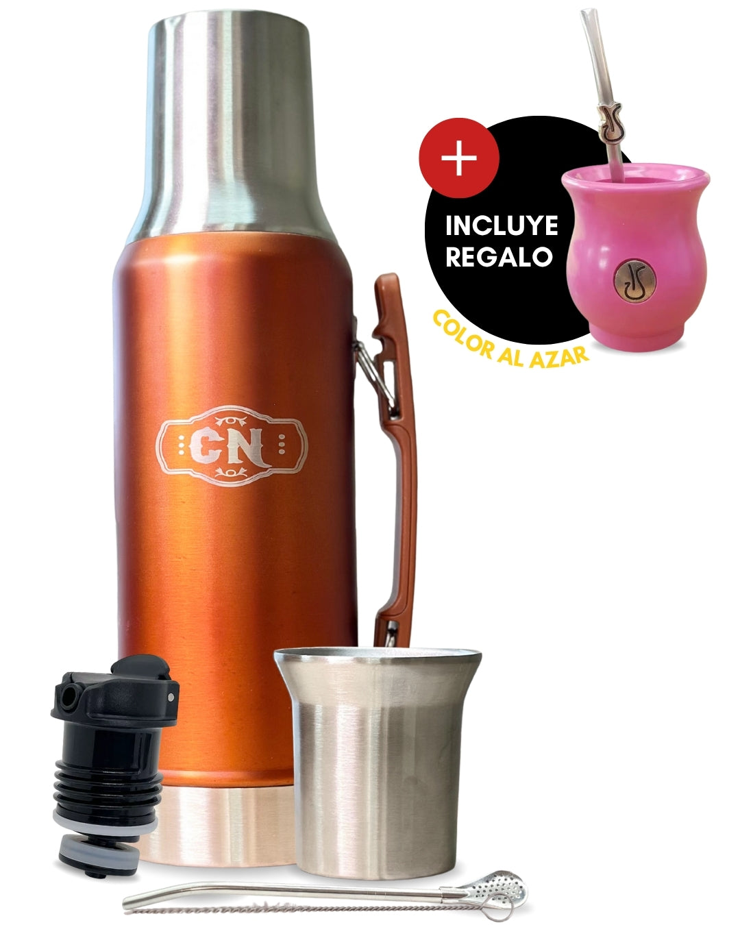 Set Matero Acero Inox. Con Mate Y Bombilla Naranjo Cobre 1.2 L