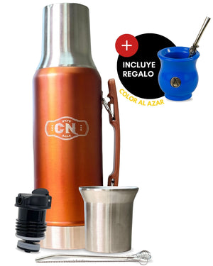Set Matero Acero Inoxidable Naranja-Cobre | Termo 1.2L + Mate Tapa Bombilla y Cepillo | (Mate Sabio de Regalo!!)
