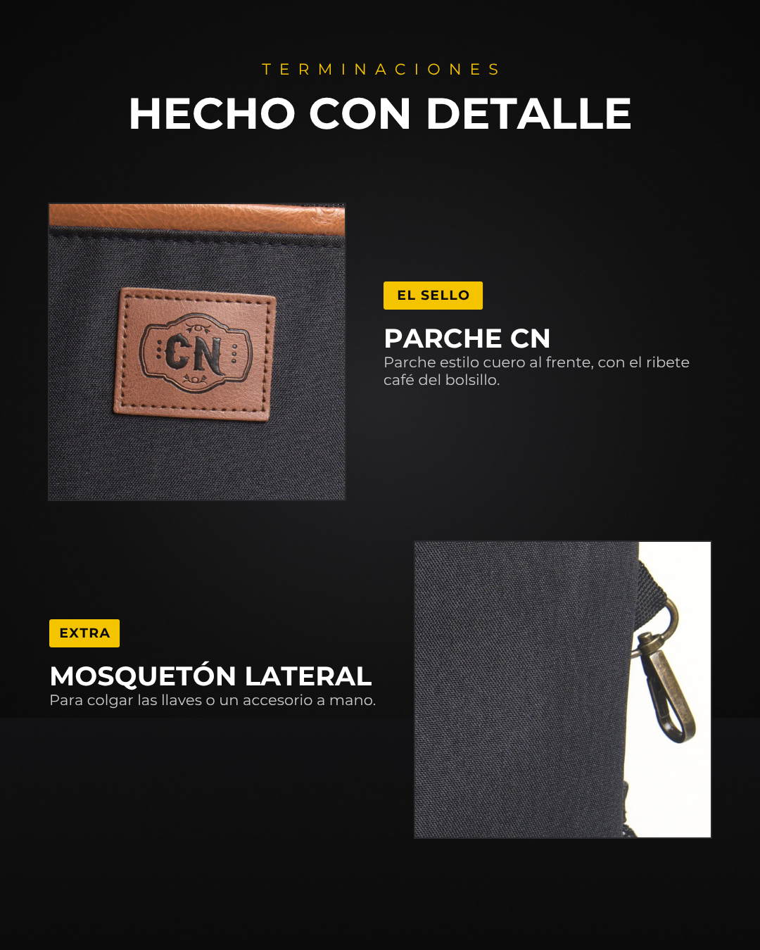 Mochila matera premium negra: terminaciones en primer plano