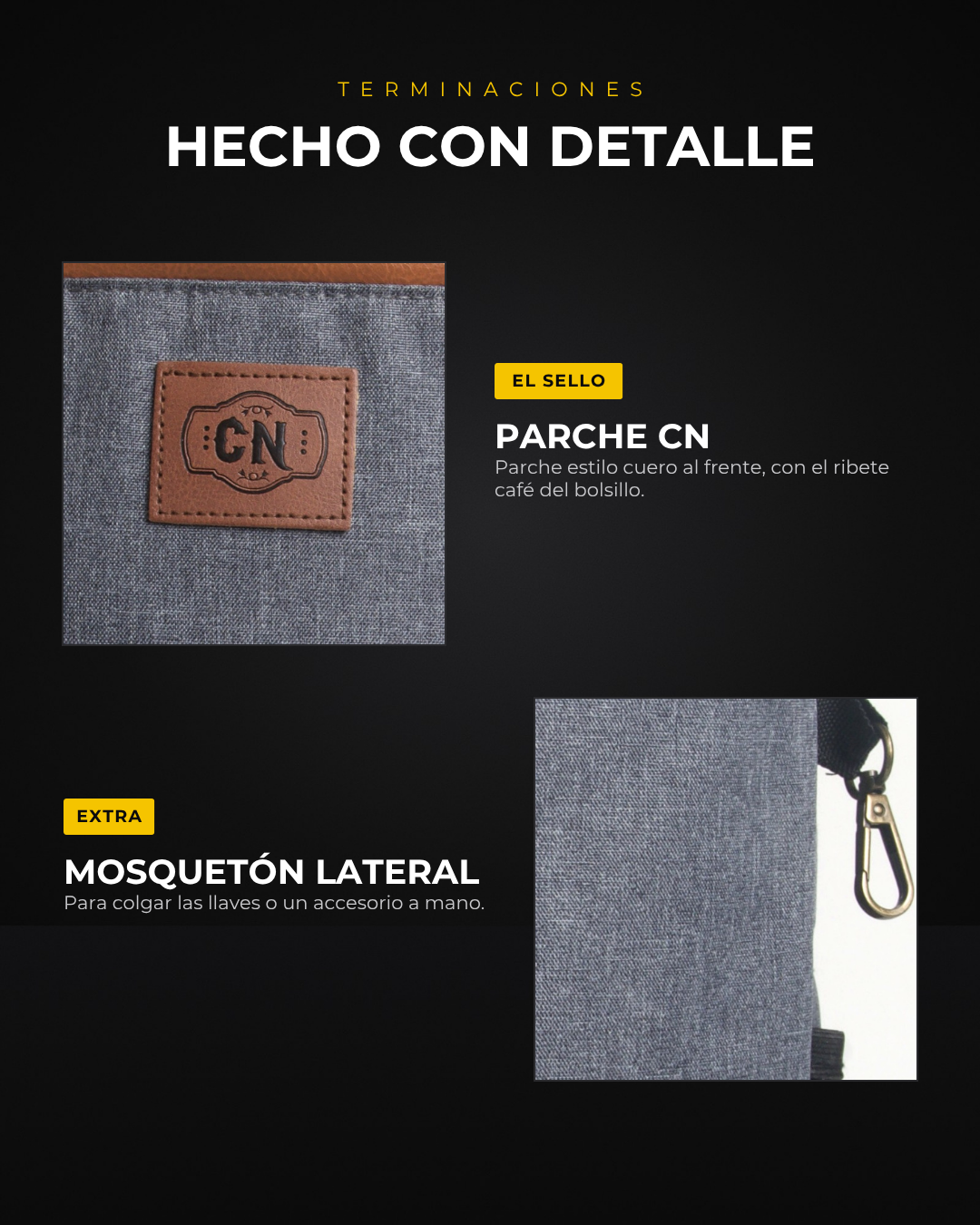 Mochila matera premium gris: terminaciones en primer plano