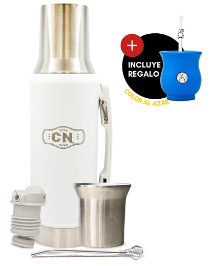 Set Matero Acero Inoxidable Blanco | Termo 1.2L + Mate Sabio + Bombilla y Cepillo