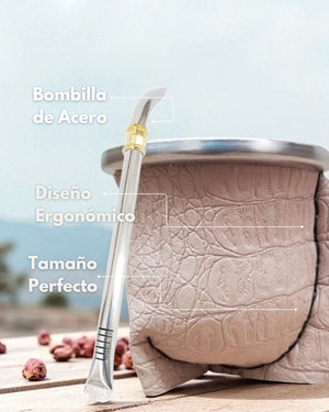 Kit Mate Crema con Bombilla | Vidrio Templado con Protección Térmica Goma Eva + Bombilla de Acero Inoxidable