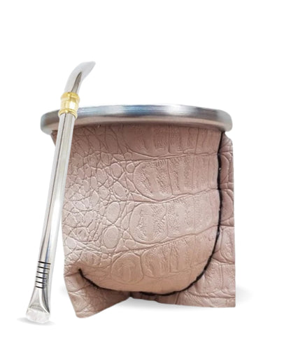 Kit Mate Crema con Bombilla | Vidrio Templado con Protección Térmica Goma Eva + Bombilla de Acero Inoxidable