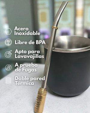 Set Matero Acero Inoxidable Negro | Mate Doble Capa + Bombilla Pulida | Mantiene la Temperatura Ideal