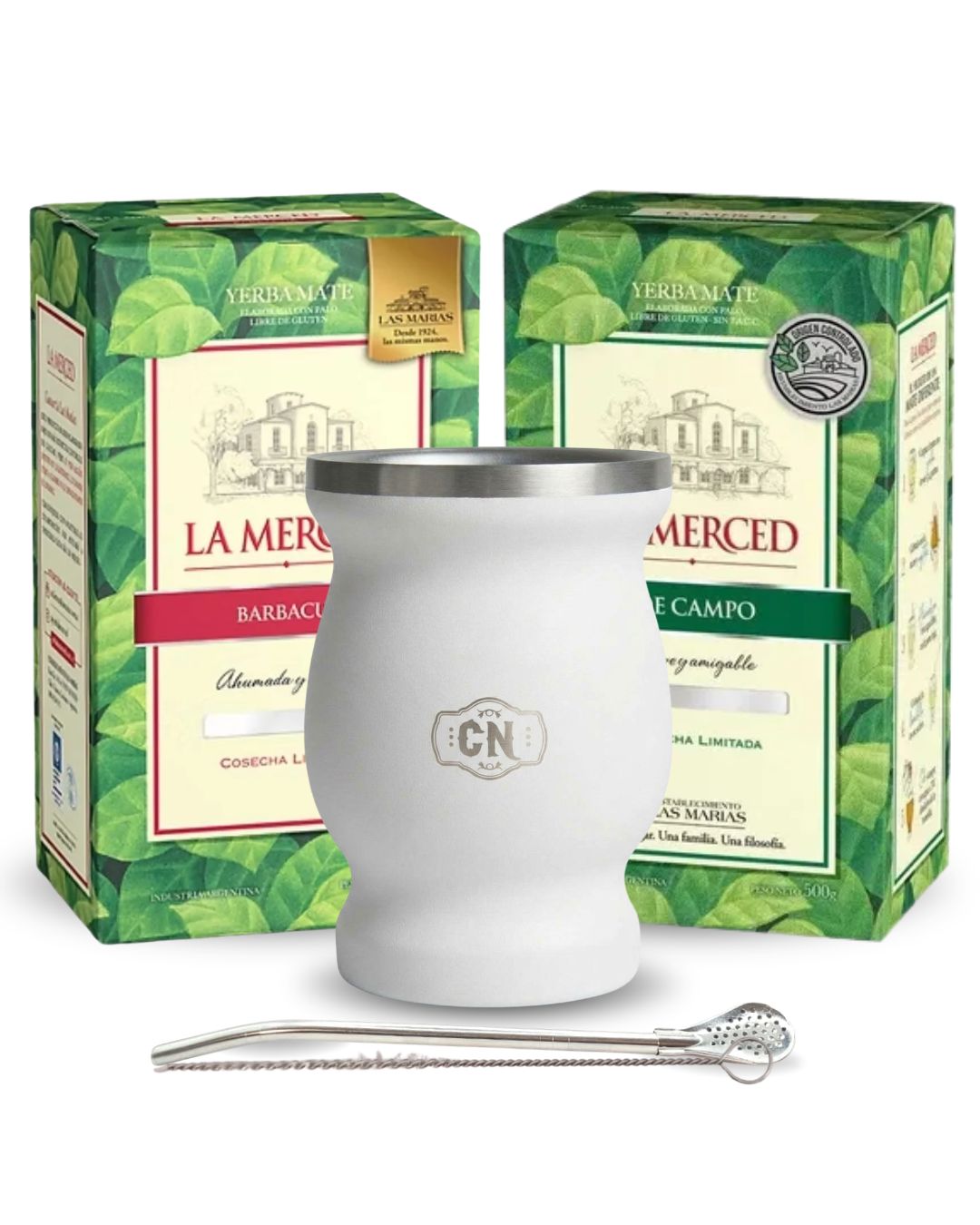 Set de mate de acero con yerba La Merced, bombilla y cepillo, foto principal sobre fondo blanco