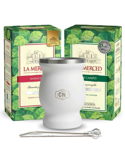 Set mate acero con yerba la merced, bombilla y cepillo
