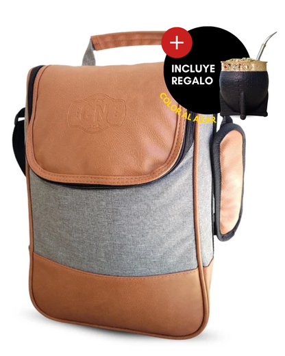 Bolso Matero | Eco Cuero Premium Gris | 🎁 Mate Tipo Imperial Negro + Bombilla de Regalo | Impermeable y Térmico