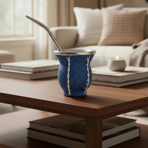Mate de Vidrio Copa Arpillera Azul | Virola Metálica | 200 ml