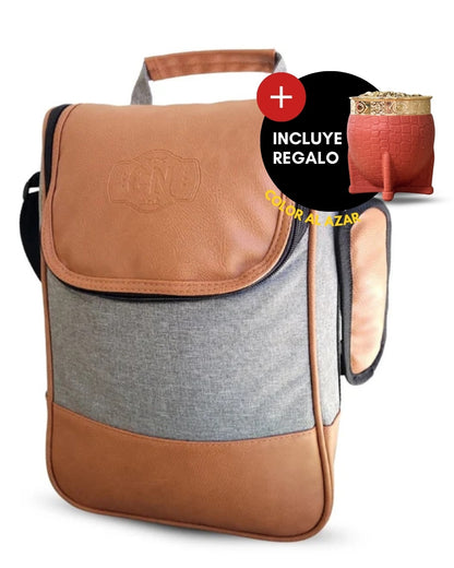 Bolso Matero | Eco Cuero Premium Gris | 🎁 Mate Tipo Imperial Negro + Bombilla de Regalo | Impermeable y Térmico