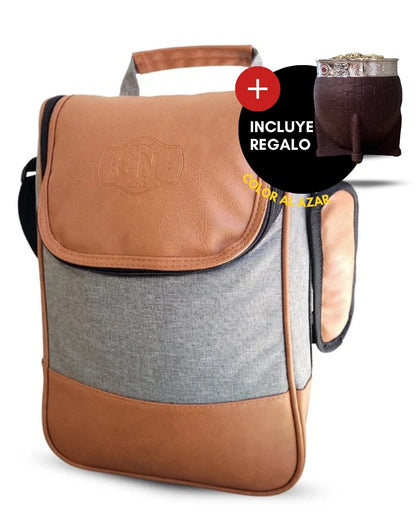 Bolso Matero | Eco Cuero Premium Gris | 🎁 Mate Tipo Imperial Negro + Bombilla de Regalo | Impermeable y Térmico