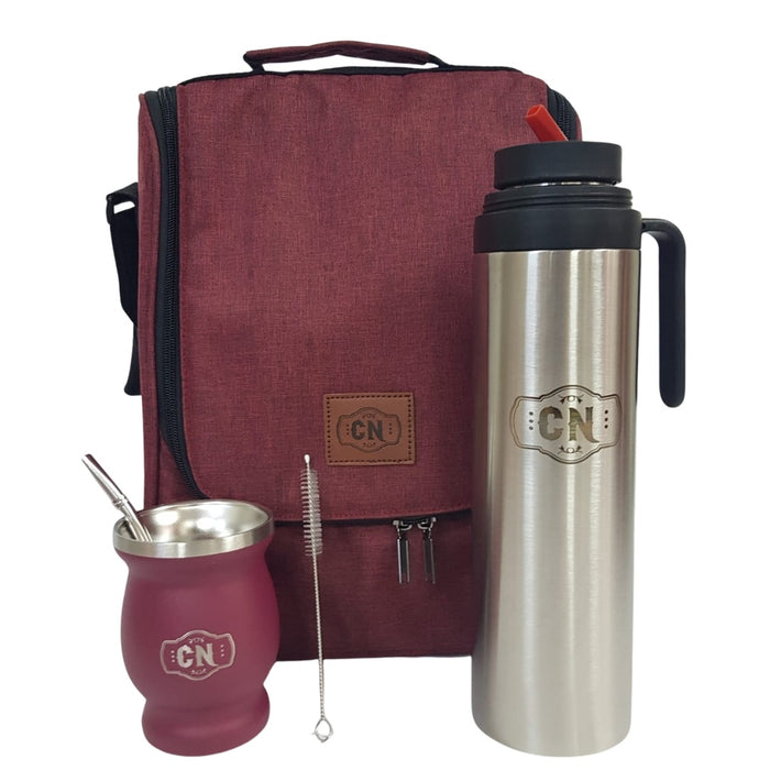 Set Completo Bolso Matero + Mate Acero Inoxidable + Termo 1L + Bombilla y Cepillo | Kit Premium